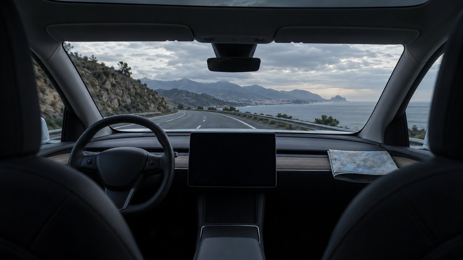 View from the back seat of a car with a black and wood dashboard: an empty coastal road curving toward mountains and the sea at dawn.